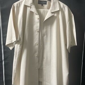 Men’s Matching 2-Piece Outfit - Short Sleeve Button-Up Shirt + Pants - Cream